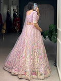 Alluring Pink Thread Work Net Engagement Wear Lehenga Choli With Dupatta