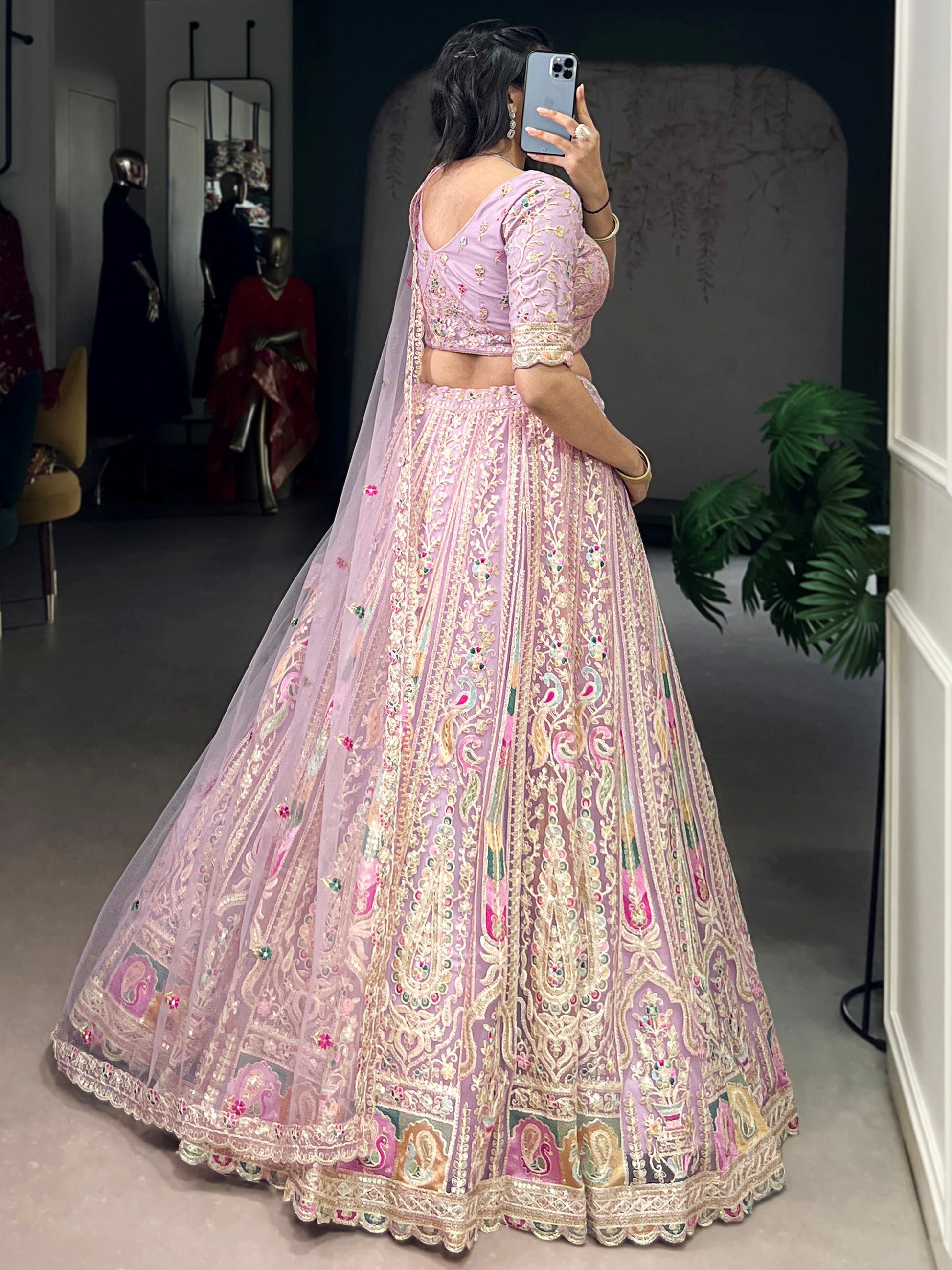 Alluring Pink Thread Work Net Engagement Wear Lehenga Choli With Dupatta