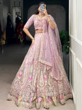 Alluring Pink Thread Work Net Engagement Wear Lehenga Choli With Dupatta