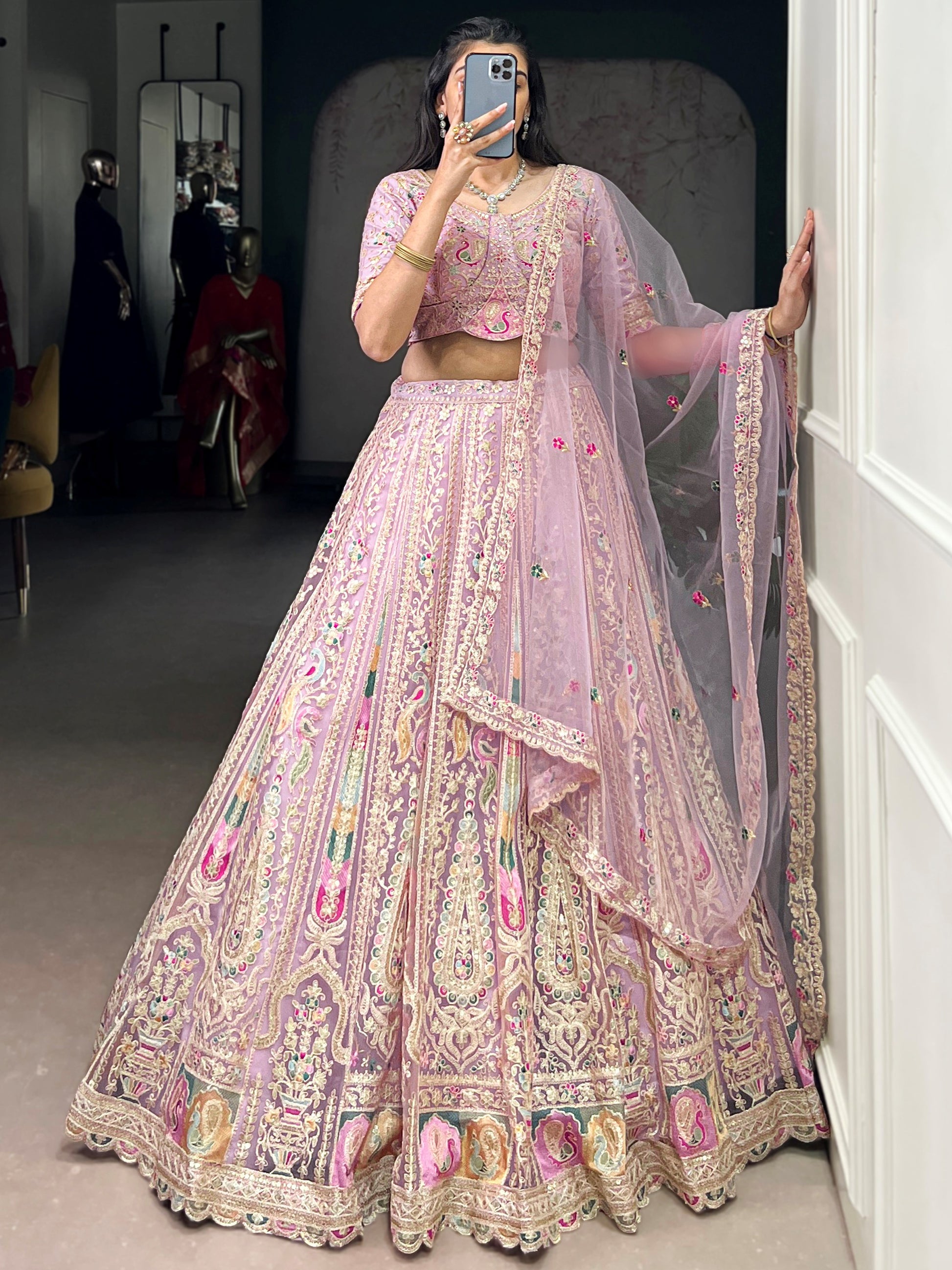 Alluring Pink Thread Work Net Engagement Wear Lehenga Choli With Dupatta