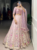 Alluring Pink Thread Work Net Engagement Wear Lehenga Choli With Dupatta