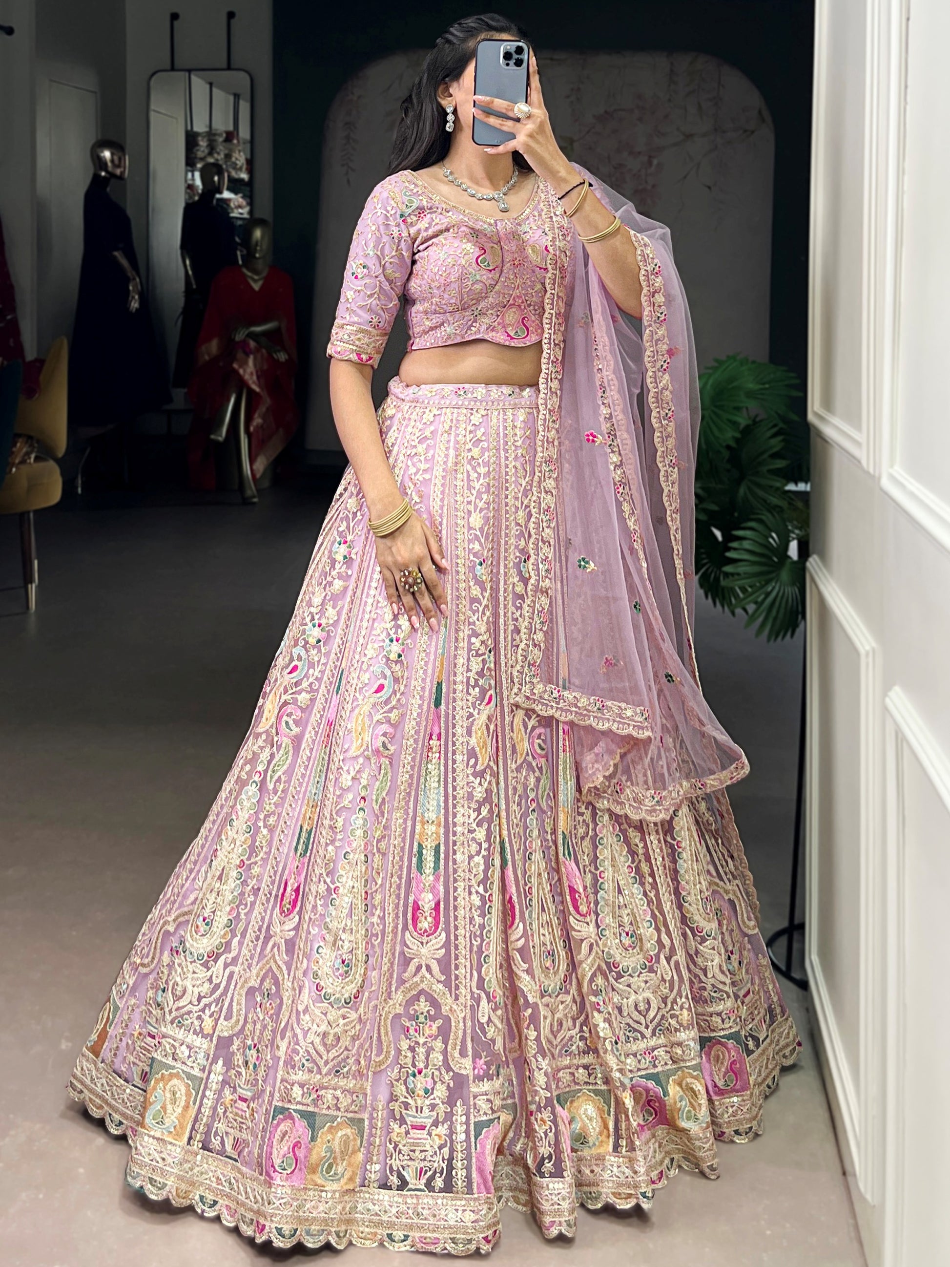 Alluring Pink Thread Work Net Engagement Wear Lehenga Choli With Dupatta