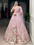 Alluring Pink Thread Work Net Engagement Wear Lehenga Choli With Dupatta