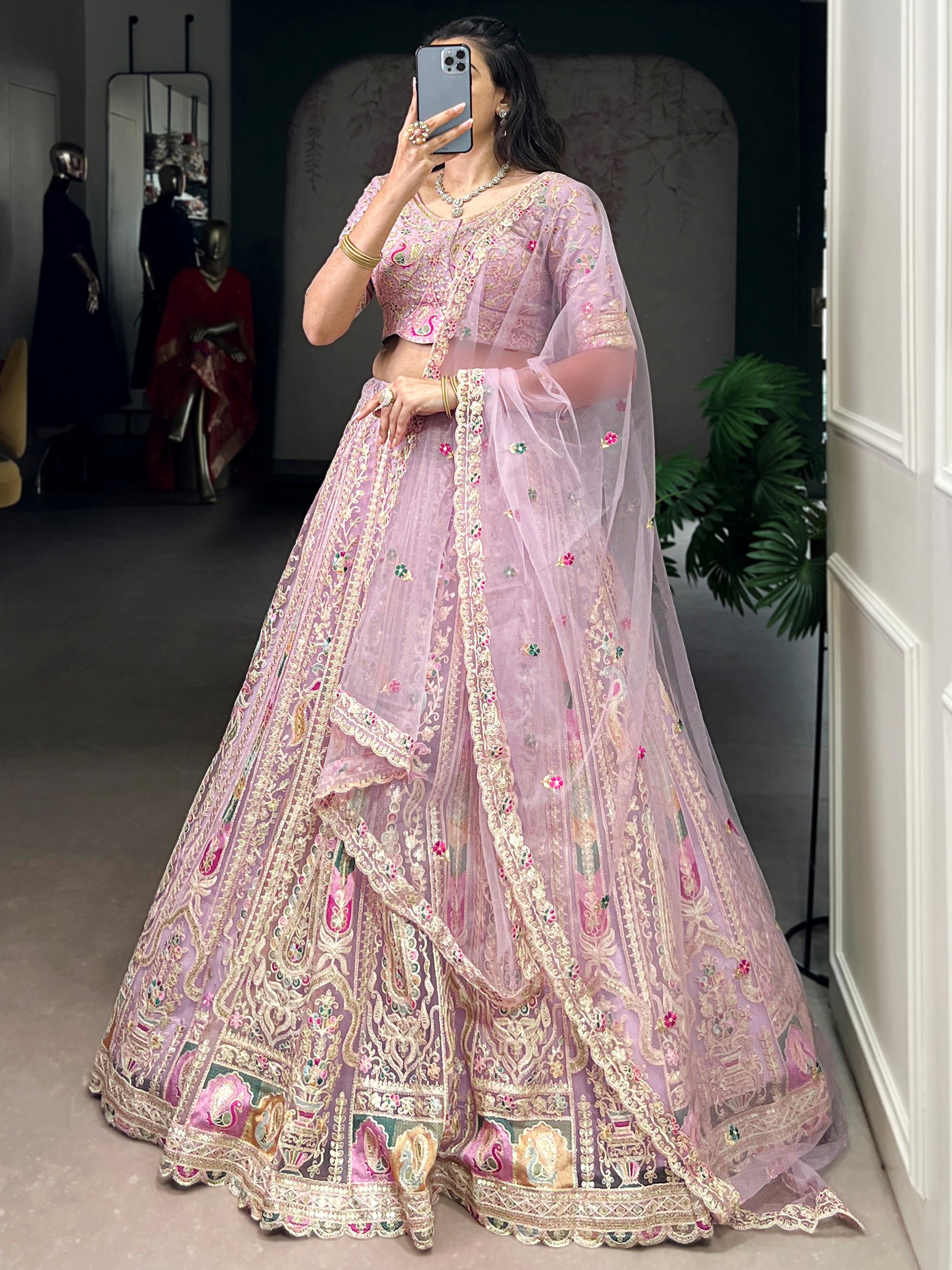 Alluring Pink Thread Work Net Engagement Wear Lehenga Choli With Dupatta