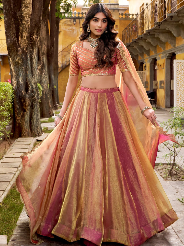 Beautiful Orange Silk Wedding Wear Lehenga With Sequins Choli