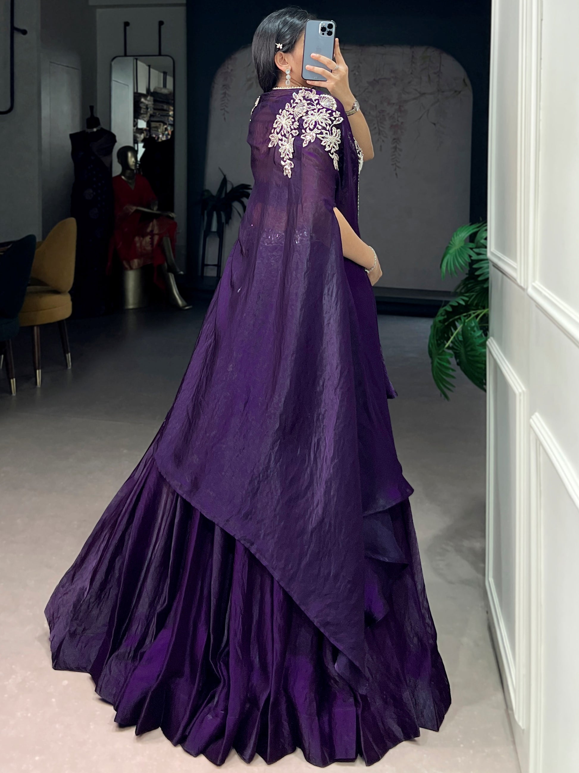 Stunning Purple Beads Work Silk Party Wear Lehenga Choli With Shrug