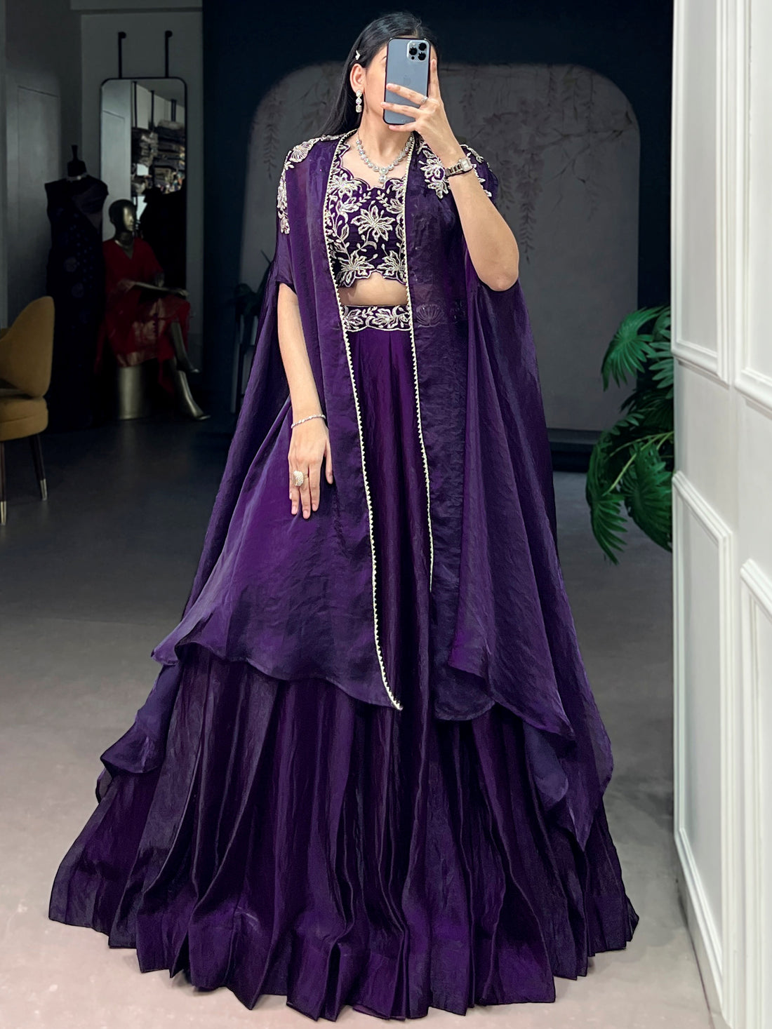 Stunning Purple Beads Work Silk Party Wear Lehenga Choli With Shrug