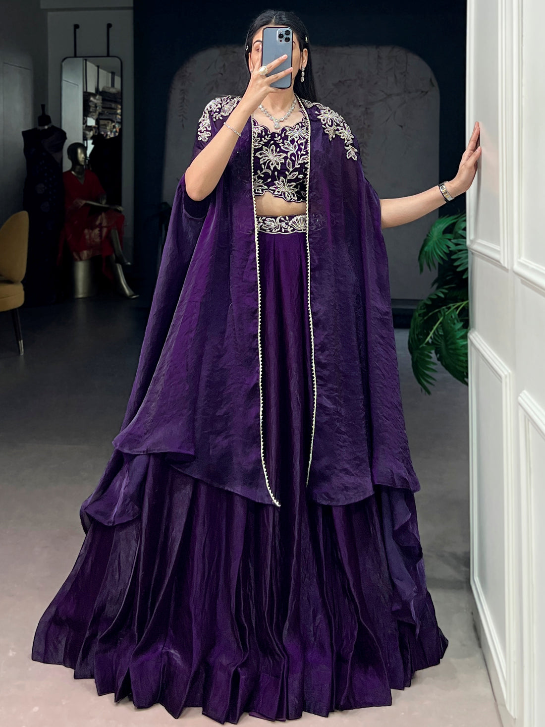 Stunning Purple Beads Work Silk Party Wear Lehenga Choli With Shrug