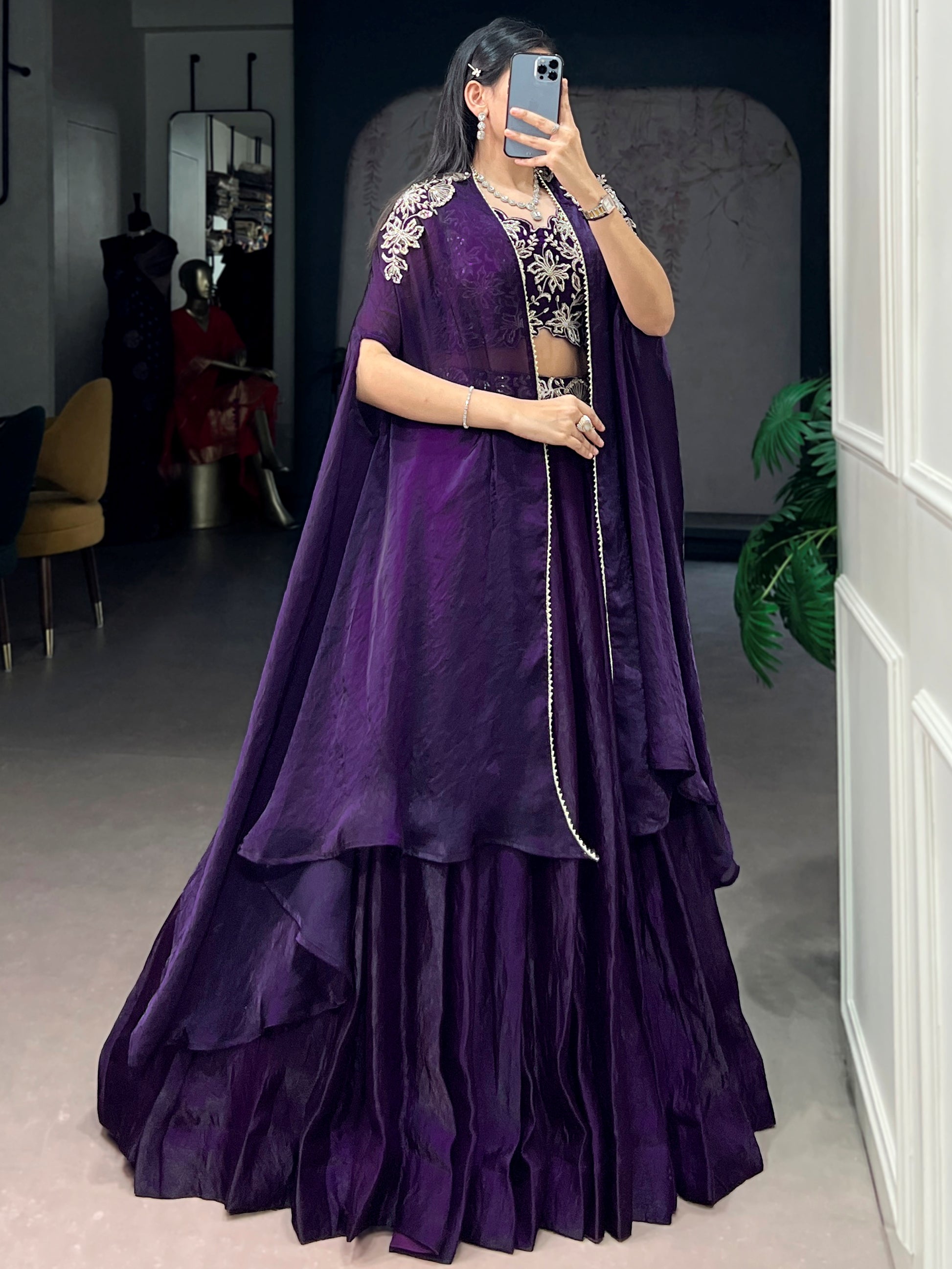 Stunning Purple Beads Work Silk Party Wear Lehenga Choli With Shrug