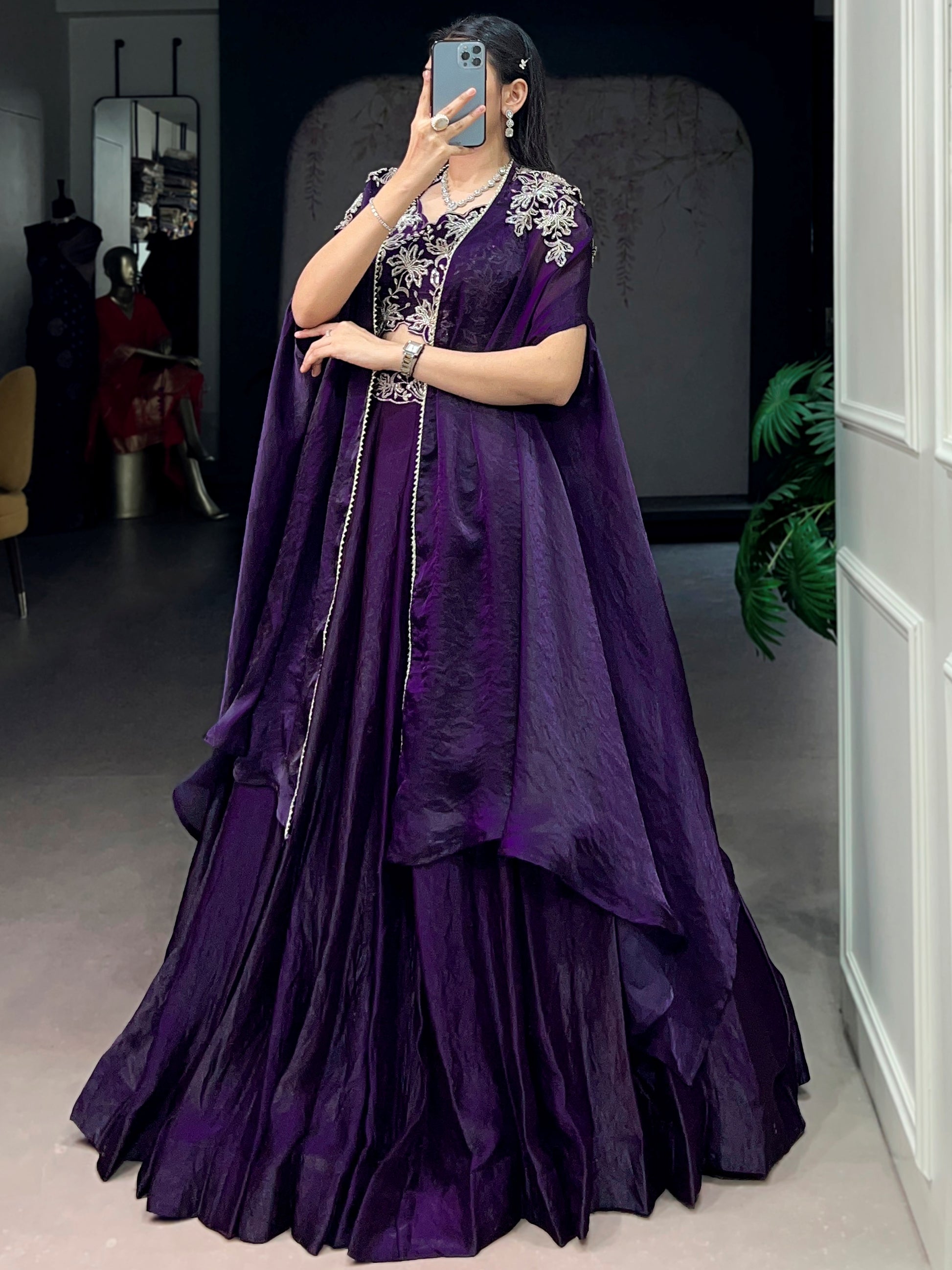 Stunning Purple Beads Work Silk Party Wear Lehenga Choli With Shrug