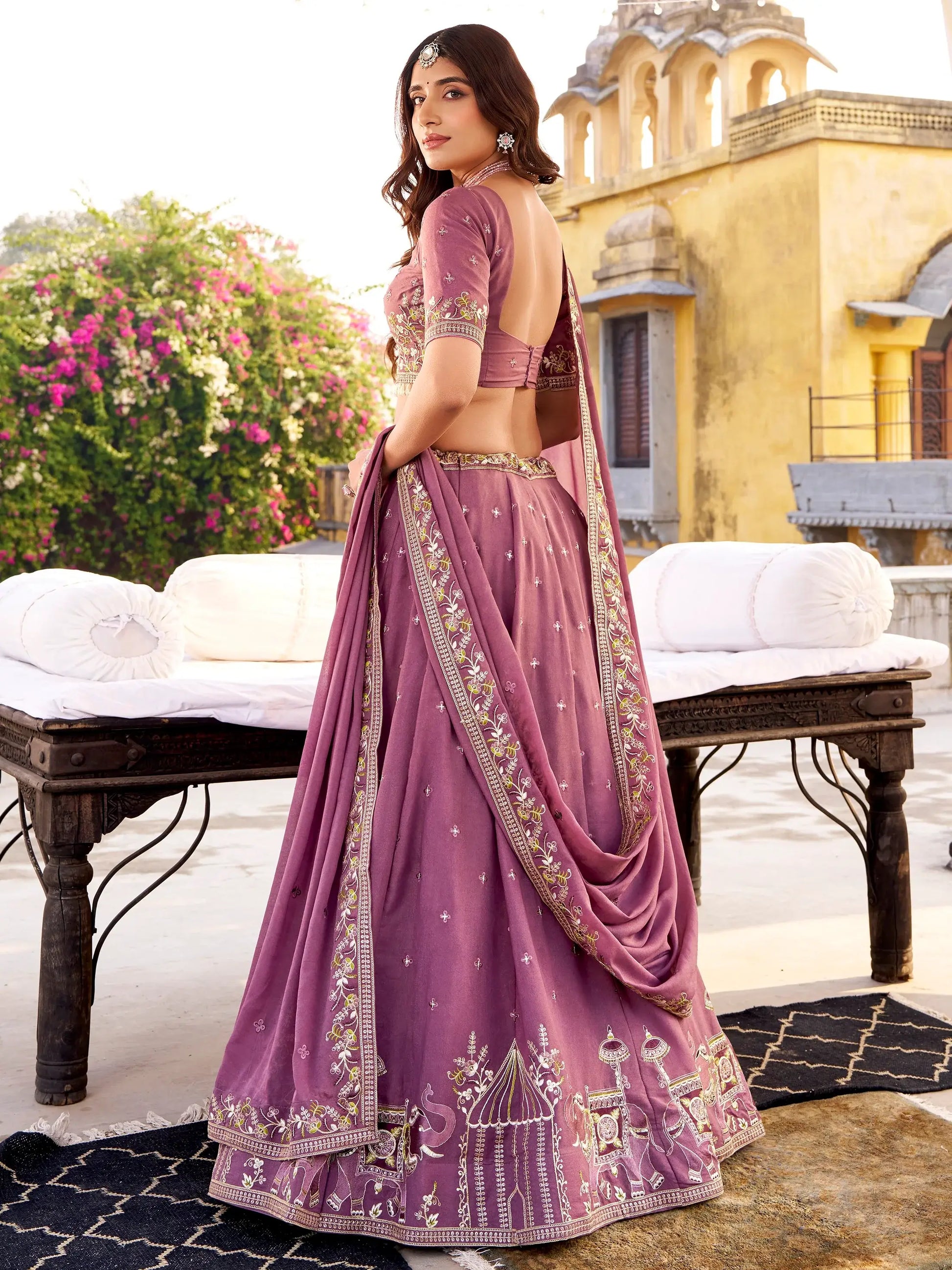 Superb Lavender Embroidered Silk Wedding Wear Lehenga Choli With Dupatta