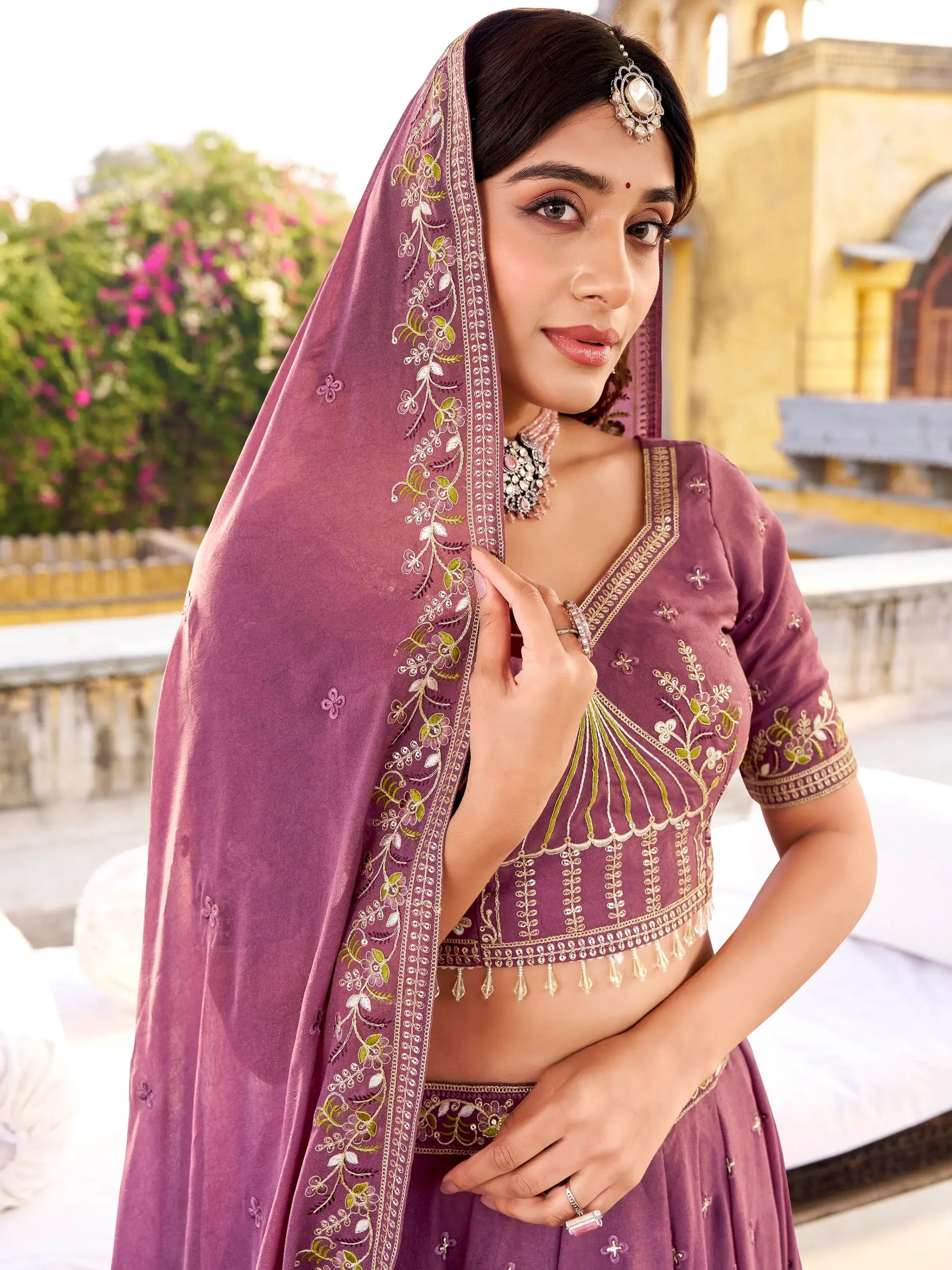 Superb Lavender Embroidered Silk Wedding Wear Lehenga Choli With Dupatta