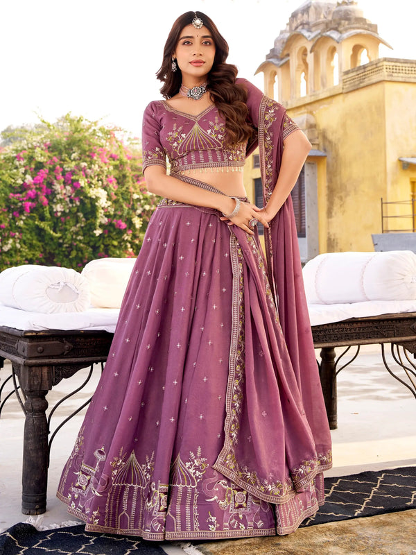 Superb Lavender Embroidered Silk Wedding Wear Lehenga Choli With Dupatta