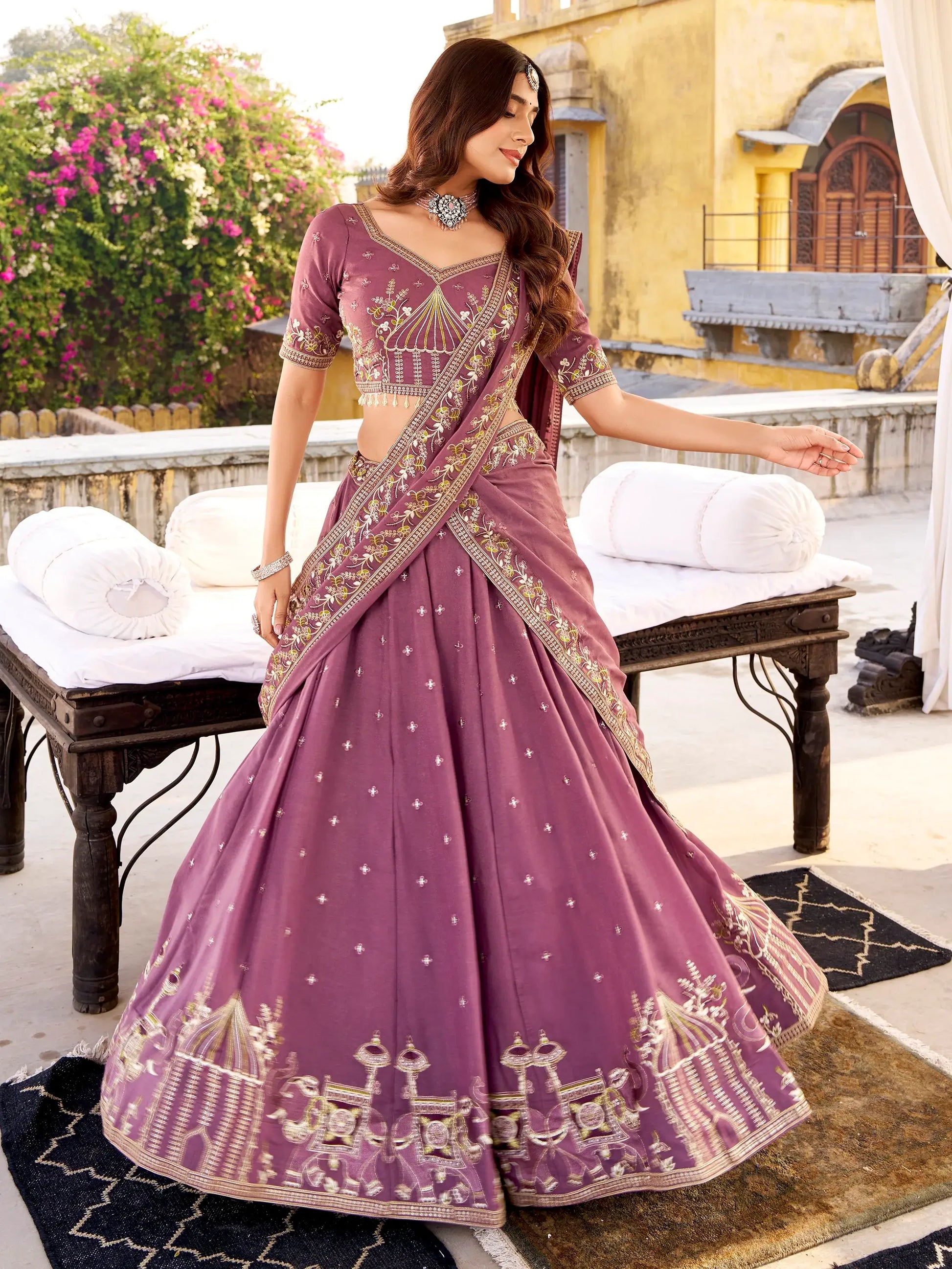 Superb Lavender Embroidered Silk Wedding Wear Lehenga Choli With Dupatta