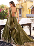 Glorious Olive Green Thread Work Silk Mehendi Wear Lehenga Choli With Dupatta