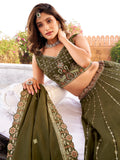 Glorious Olive Green Thread Work Silk Mehendi Wear Lehenga Choli With Dupatta
