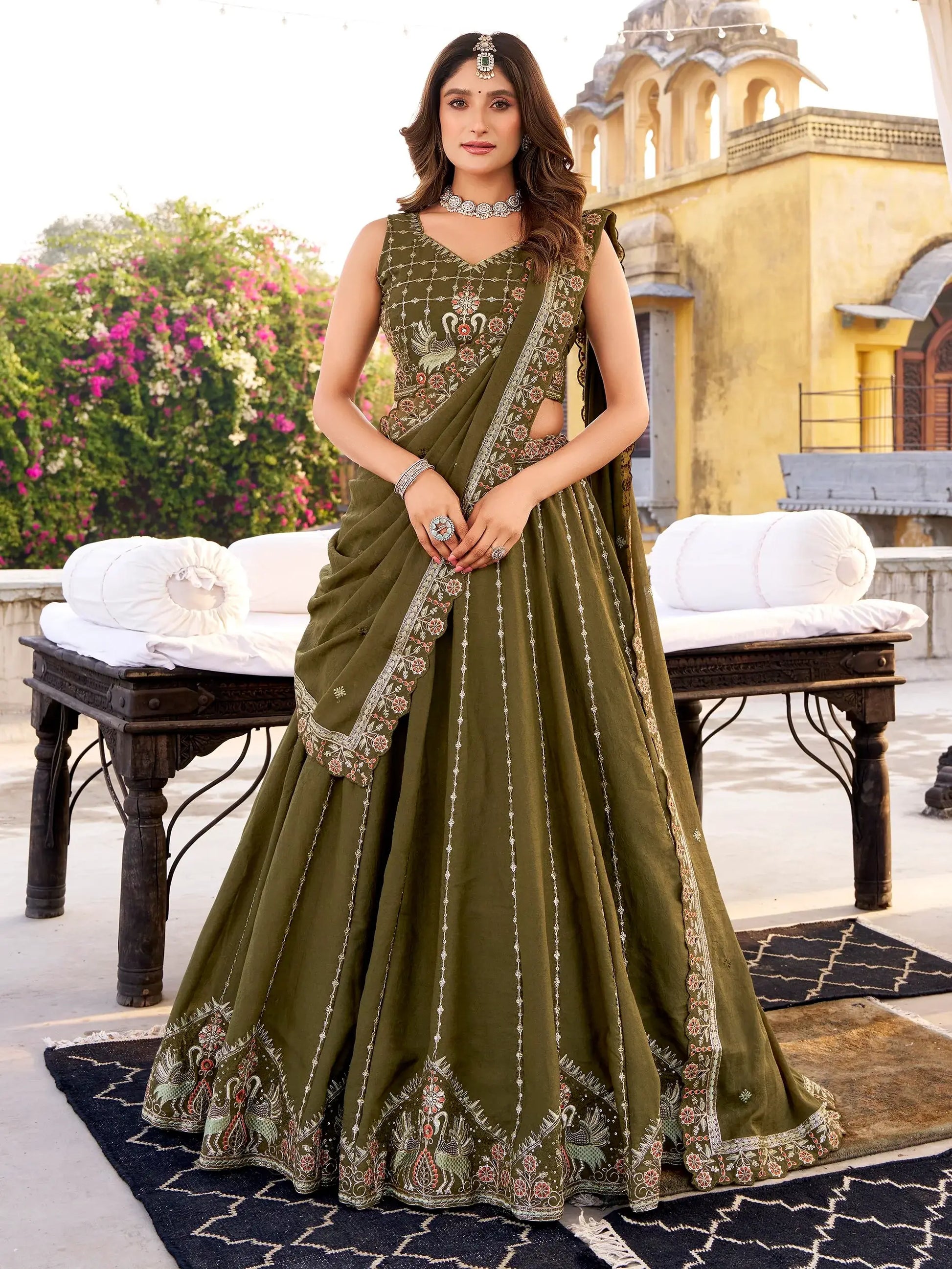 Glorious Olive Green Thread Work Silk Mehendi Wear Lehenga Choli With Dupatta