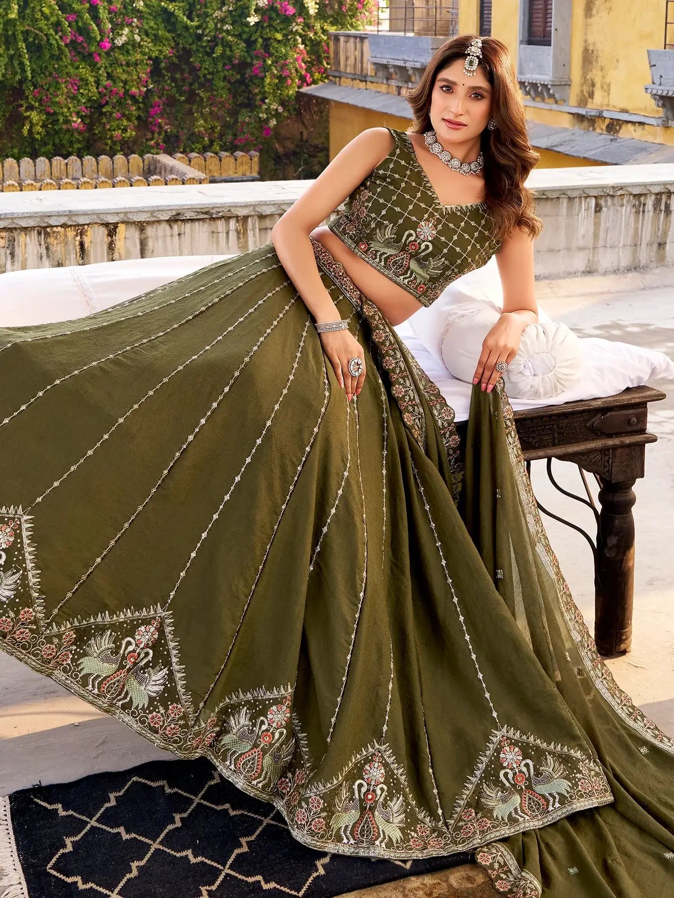 Glorious Olive Green Thread Work Silk Mehendi Wear Lehenga Choli With Dupatta