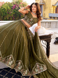 Glorious Olive Green Thread Work Silk Mehendi Wear Lehenga Choli With Dupatta