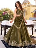 Glorious Olive Green Thread Work Silk Mehendi Wear Lehenga Choli With Dupatta