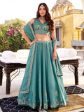 Aesthetic Sky Blue Sequins Silk Bridesmaid Lehenga Choli With Dupatta