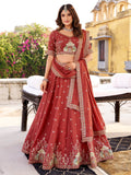 Stunning Orange Sequins Embroidered Silk Evening Wear Lehenga Choli With Dupatta
