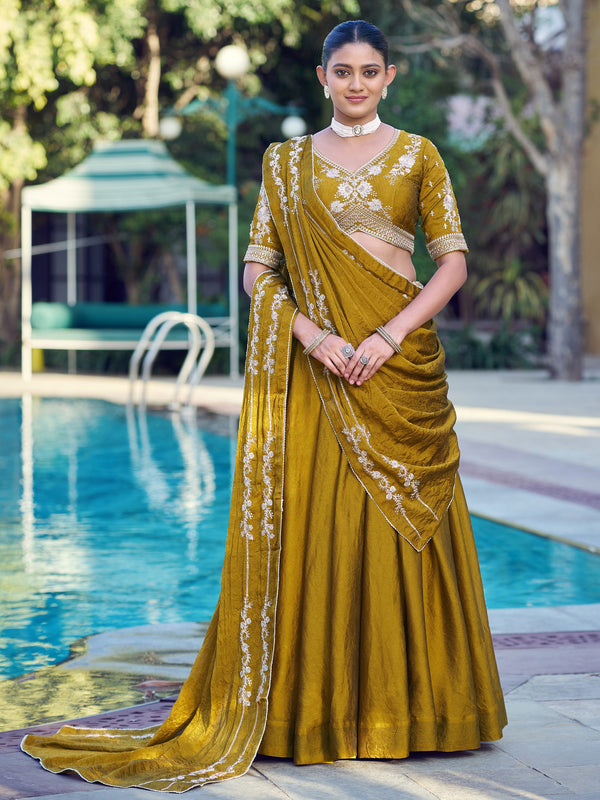 Great Mustard Embroidered Crush Function Wear Lehenga Choli With Dupatta 