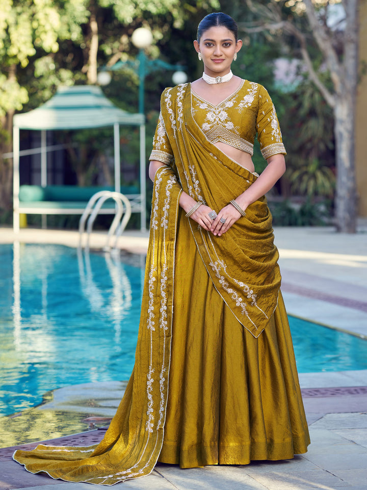Great Mustard Embroidered Crush Function Wear Lehenga Choli With Dupatta 