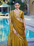 Great Mustard Embroidered Crush Function Wear Lehenga Choli With Dupatta 