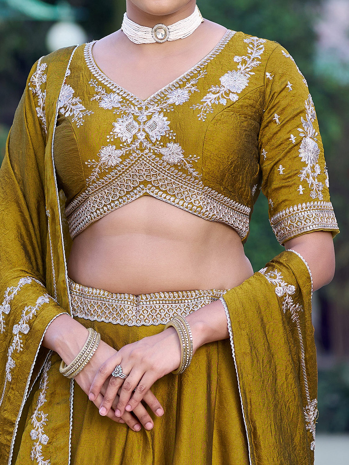 Great Mustard Embroidered Crush Function Wear Lehenga Choli With Dupatta 