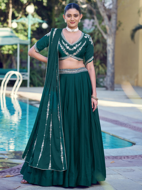 Beautiful Green Embroidered Crush Function Wear Lehenga Choli With Dupatta 