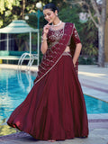 Elegant Wine Sequin Work Crush Wedding Wear Lehenga Choli With Dupatta 