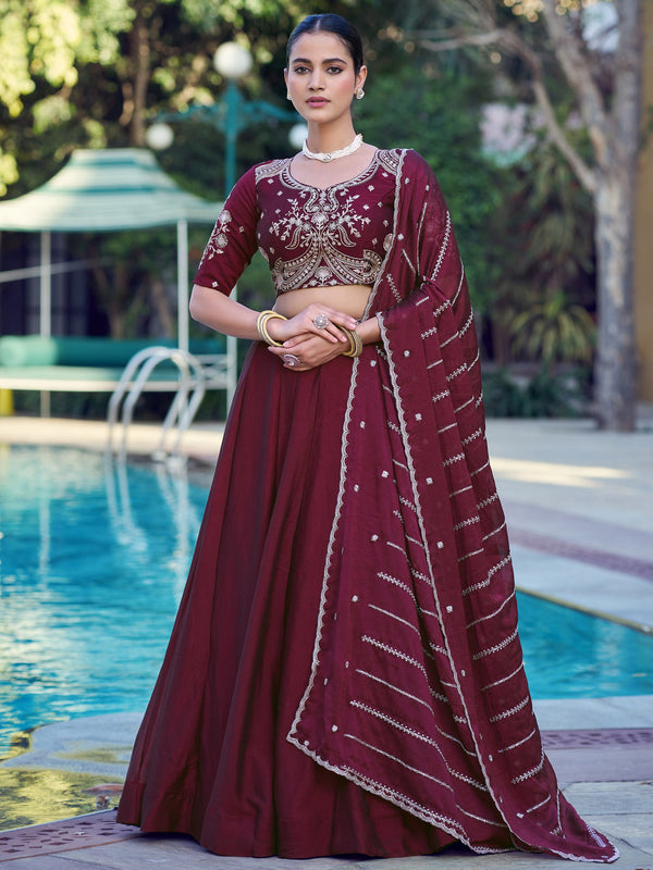 Elegant Wine Sequin Work Crush Wedding Wear Lehenga Choli With Dupatta 