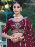 Elegant Wine Sequin Work Crush Wedding Wear Lehenga Choli With Dupatta 