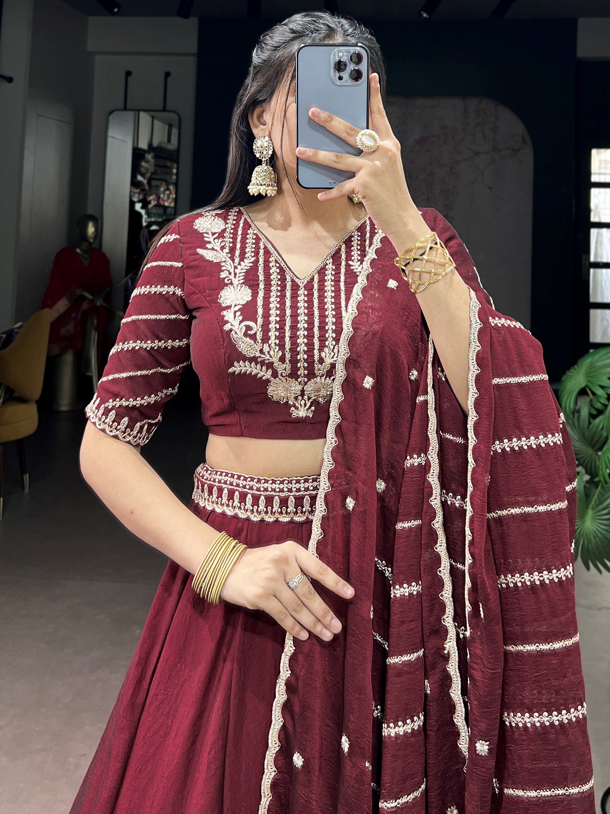 Beautiful Maroon Sequins Crushed Engagement Wear Lehenga Choli
