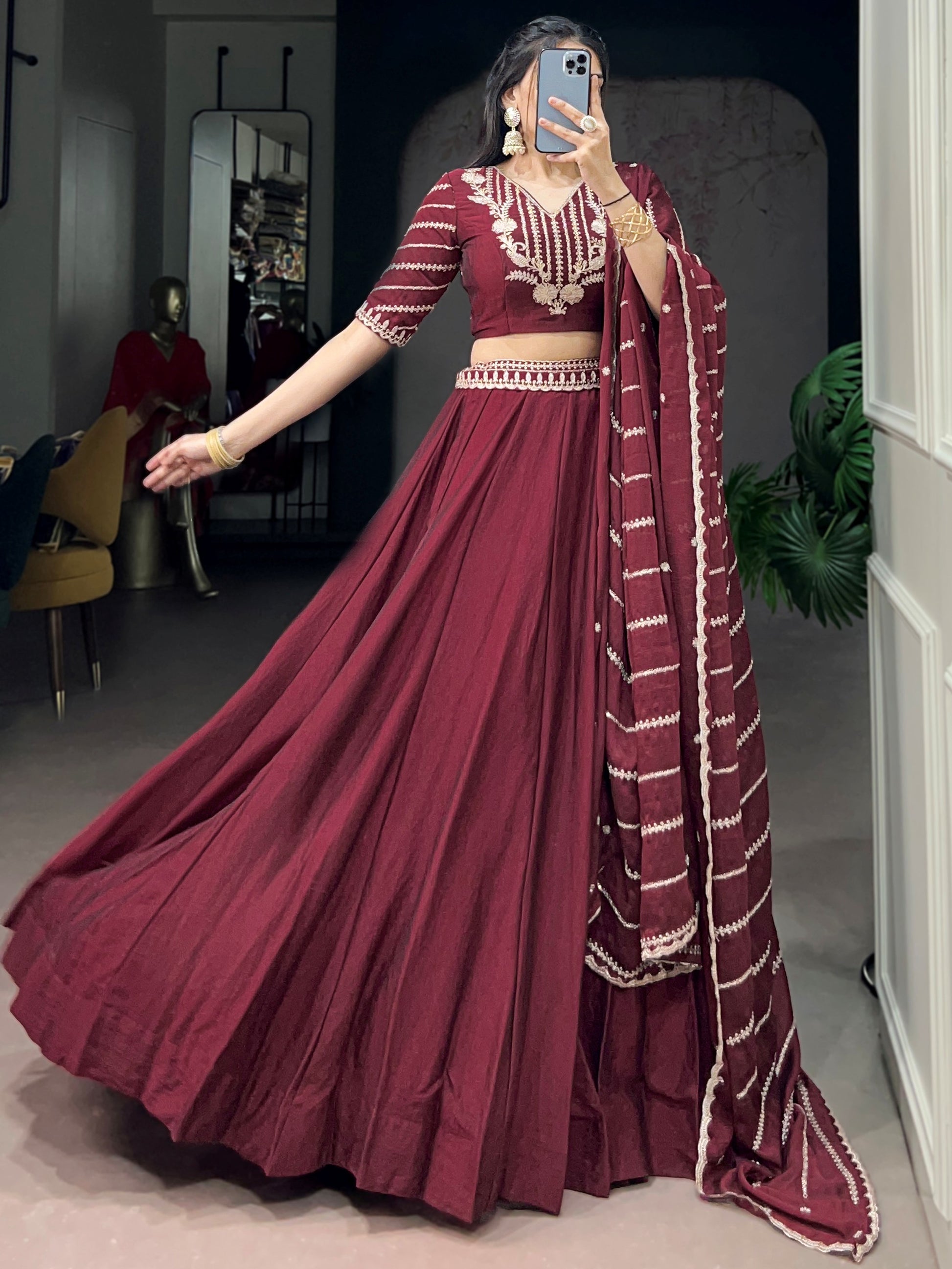 Beautiful Maroon Sequins Crushed Engagement Wear Lehenga Choli