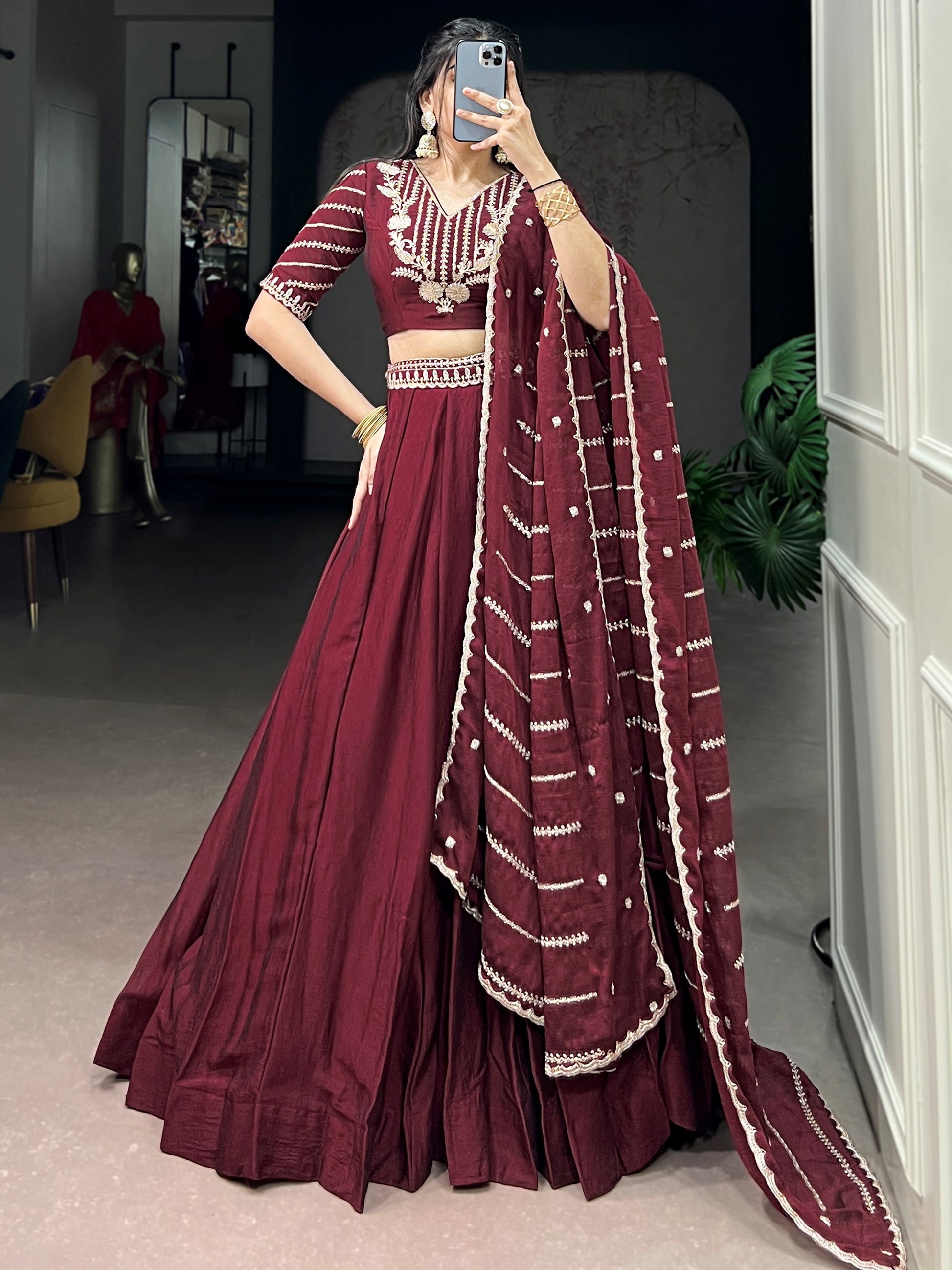 Beautiful Maroon Sequins Crushed Engagement Wear Lehenga Choli