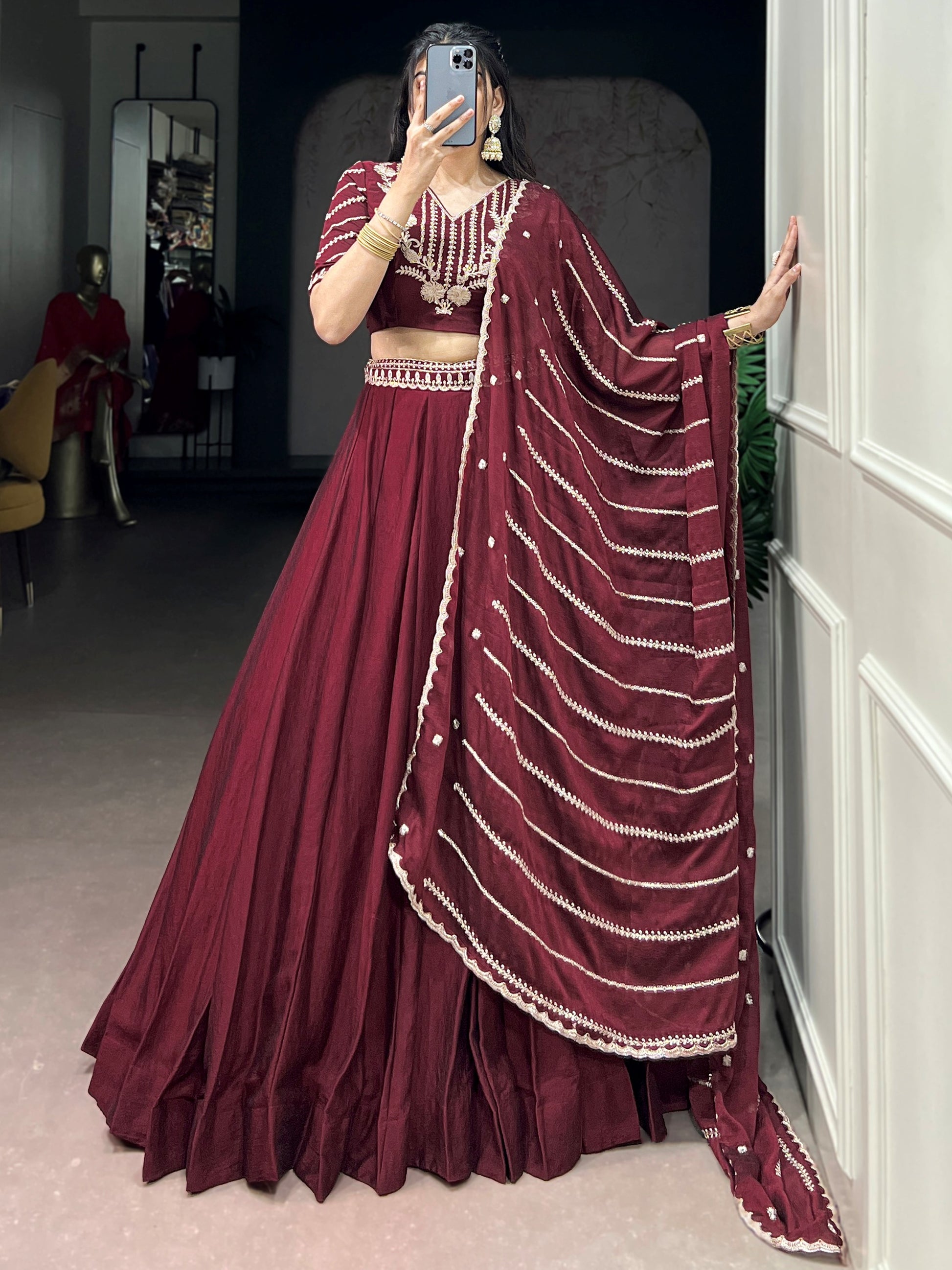 Beautiful Maroon Sequins Crushed Engagement Wear Lehenga Choli
