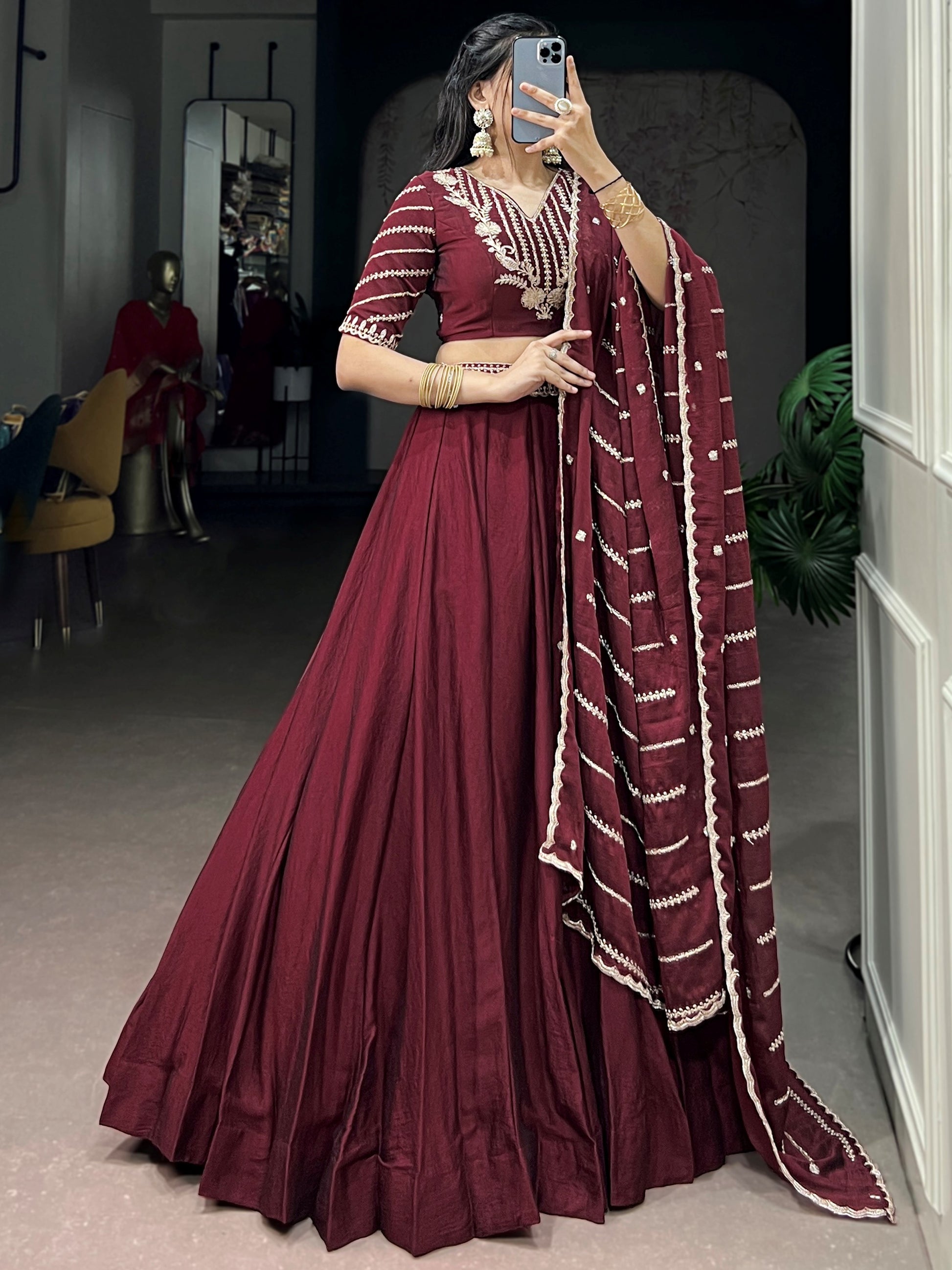 Beautiful Maroon Sequins Crushed Engagement Wear Lehenga Choli
