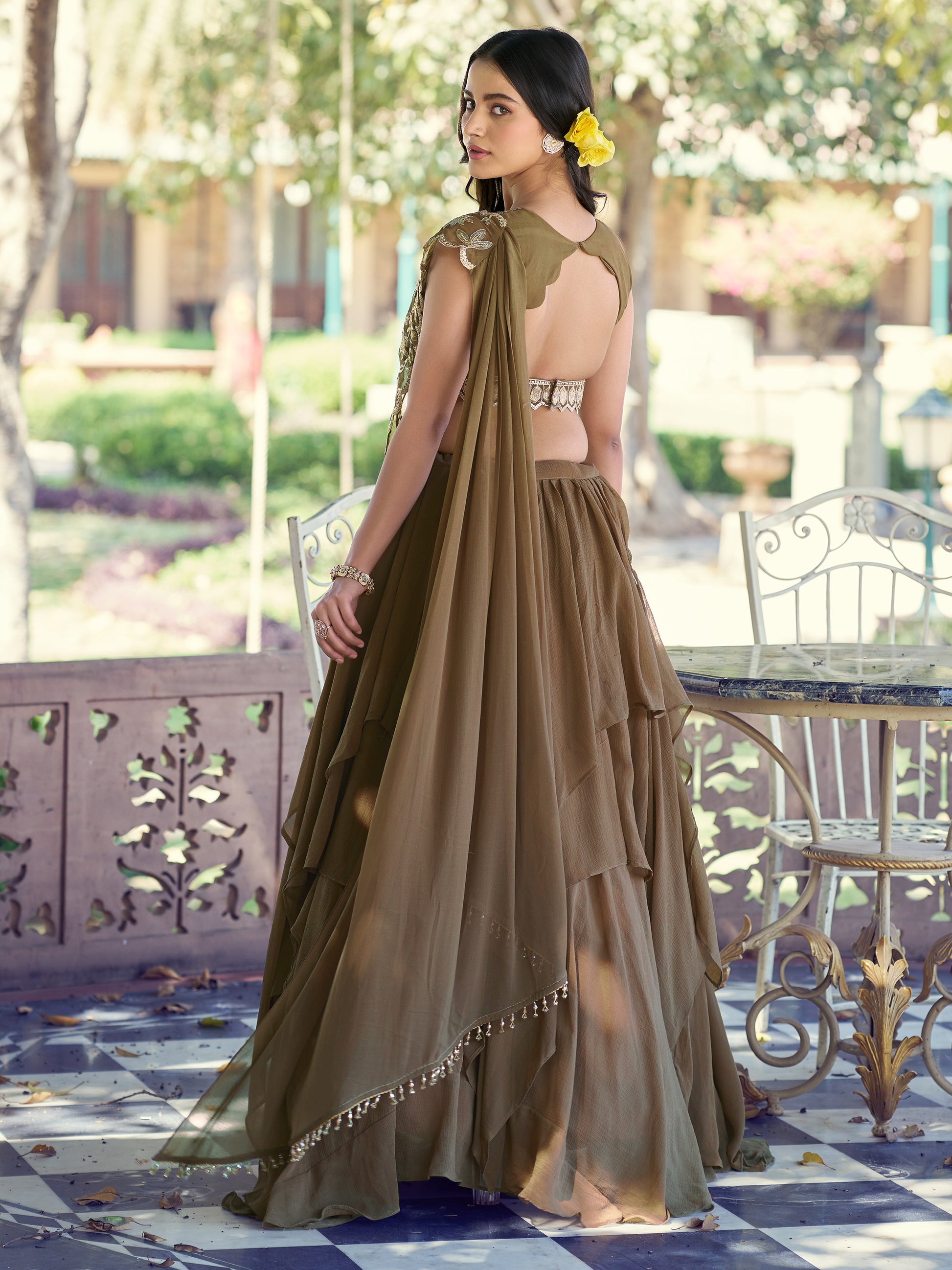 Lavish Brown Thread Work Georgette Lehenga With Attached Dupatta