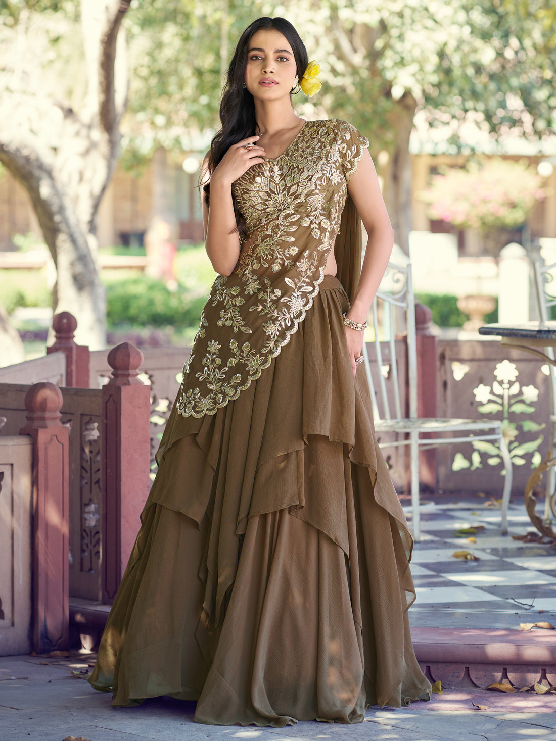 Lavish Olive Green Thread Work Georgette Lehenga With Attached Dupatta