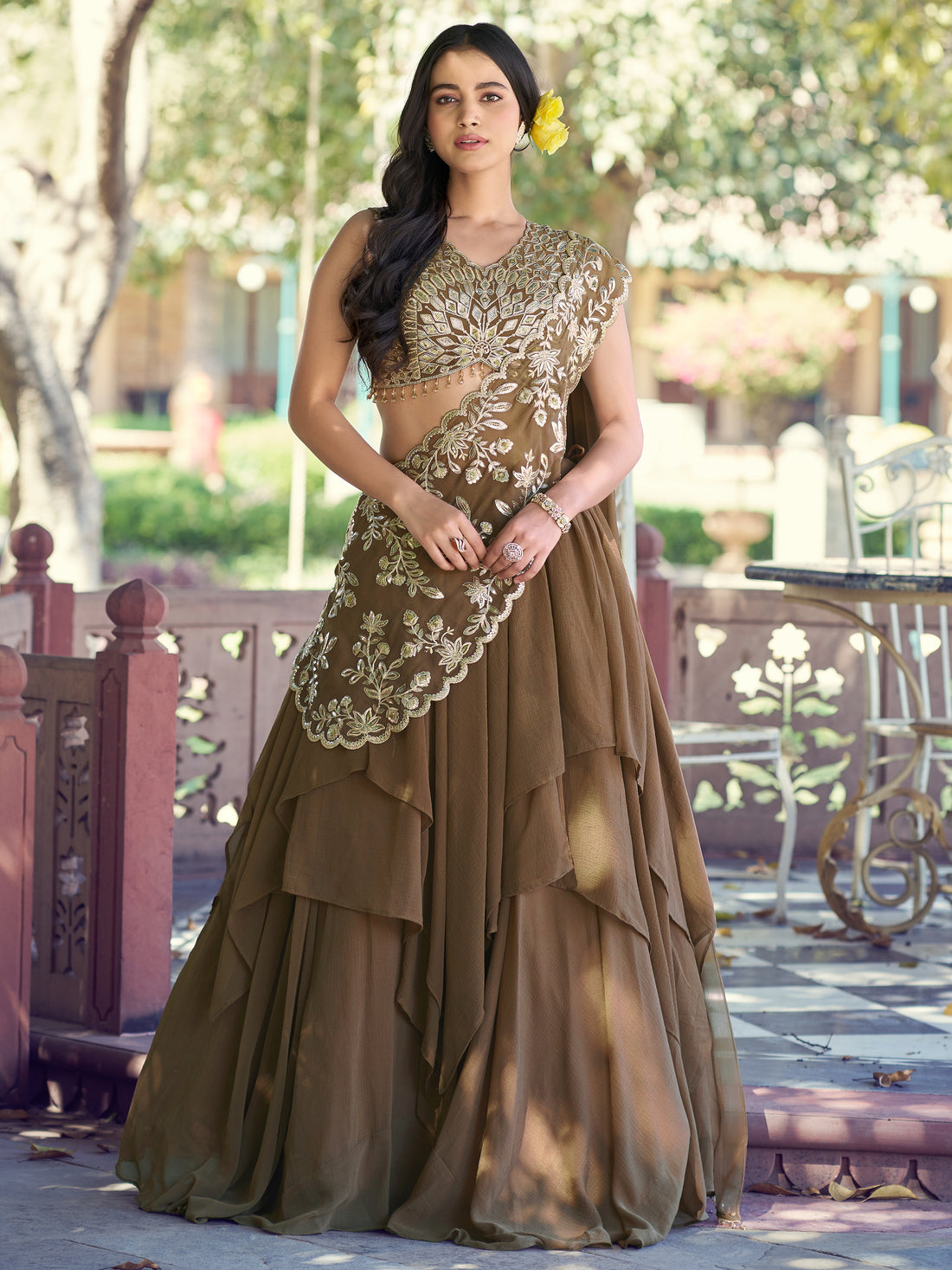 Lavish Olive Green Thread Work Georgette Lehenga With Attached Dupatta