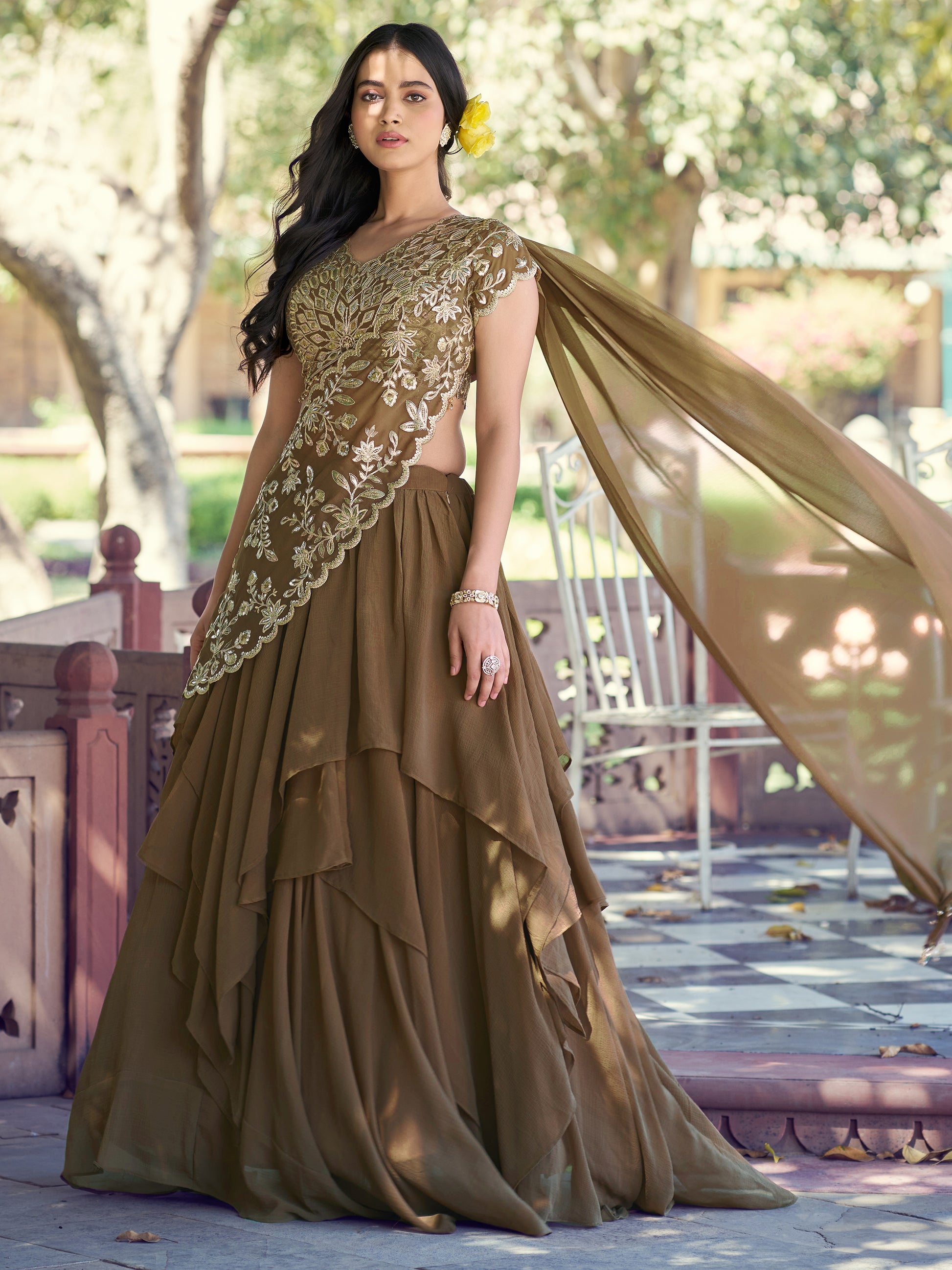 Lavish Brown Thread Work Georgette Lehenga With Attached Dupatta