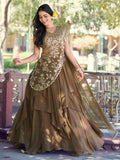 Lavish Brown Thread Work Georgette Lehenga With Attached Dupatta