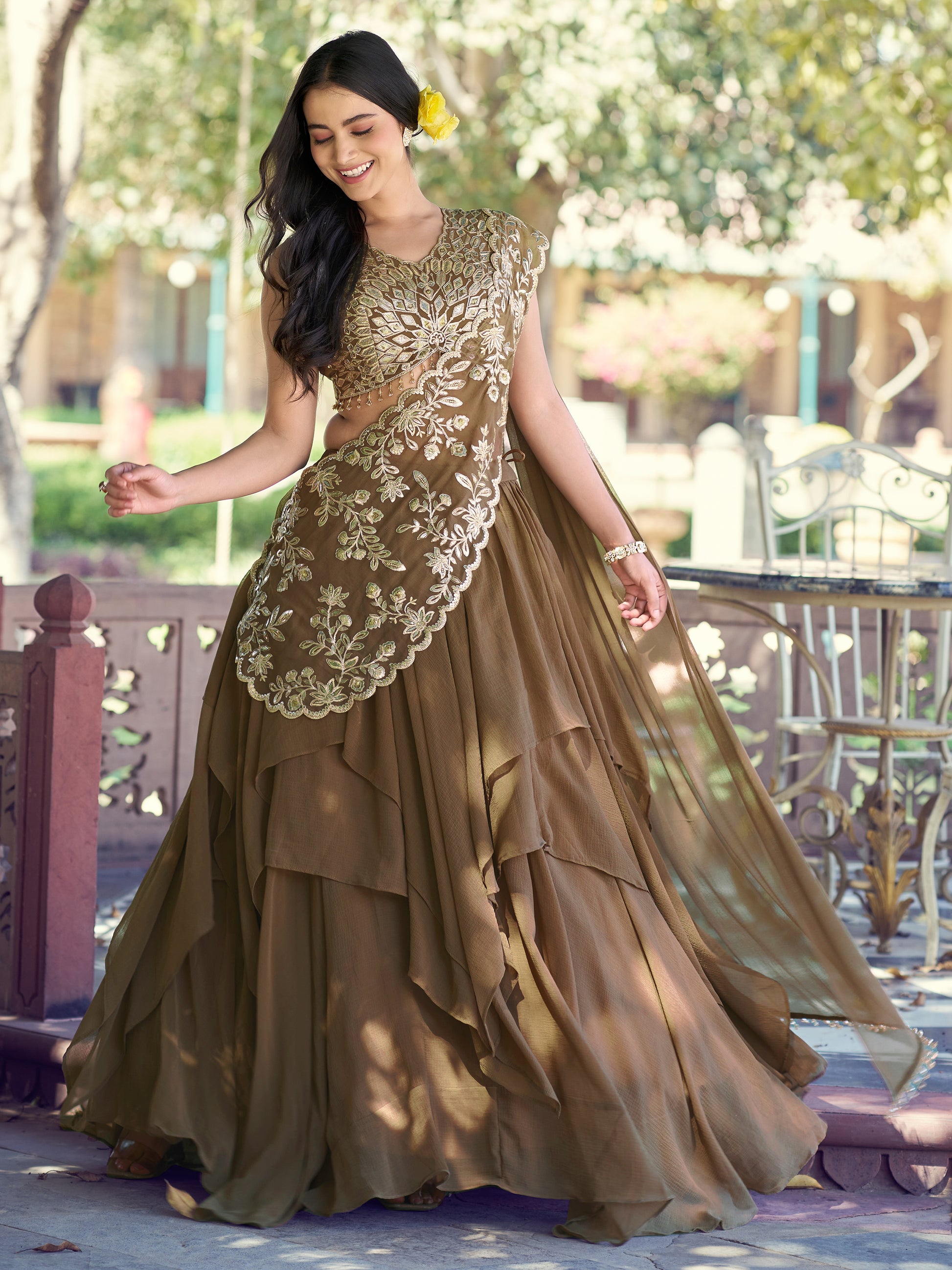 Lavish Brown Thread Work Georgette Lehenga With Attached Dupatta