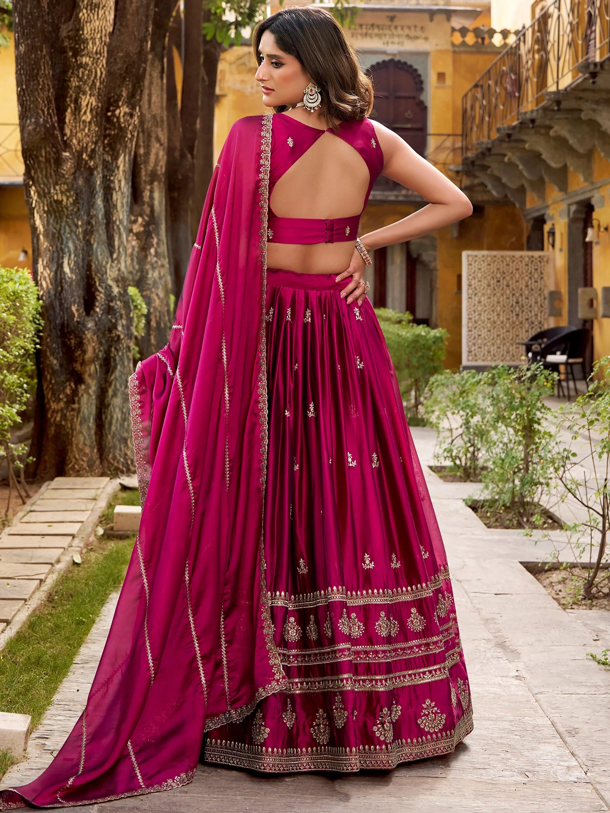Aesthetic Dark Pink Thread Embroidery Silk Wedding Wear Lehenga Choli