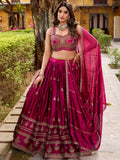 Aesthetic Dark Pink Thread Embroidery Silk Wedding Wear Lehenga Choli