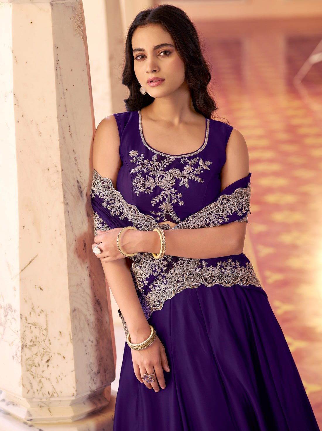 Incredible Purple Thread Embroidery Silk Festival Wear Lehenga Choli With Dupatta