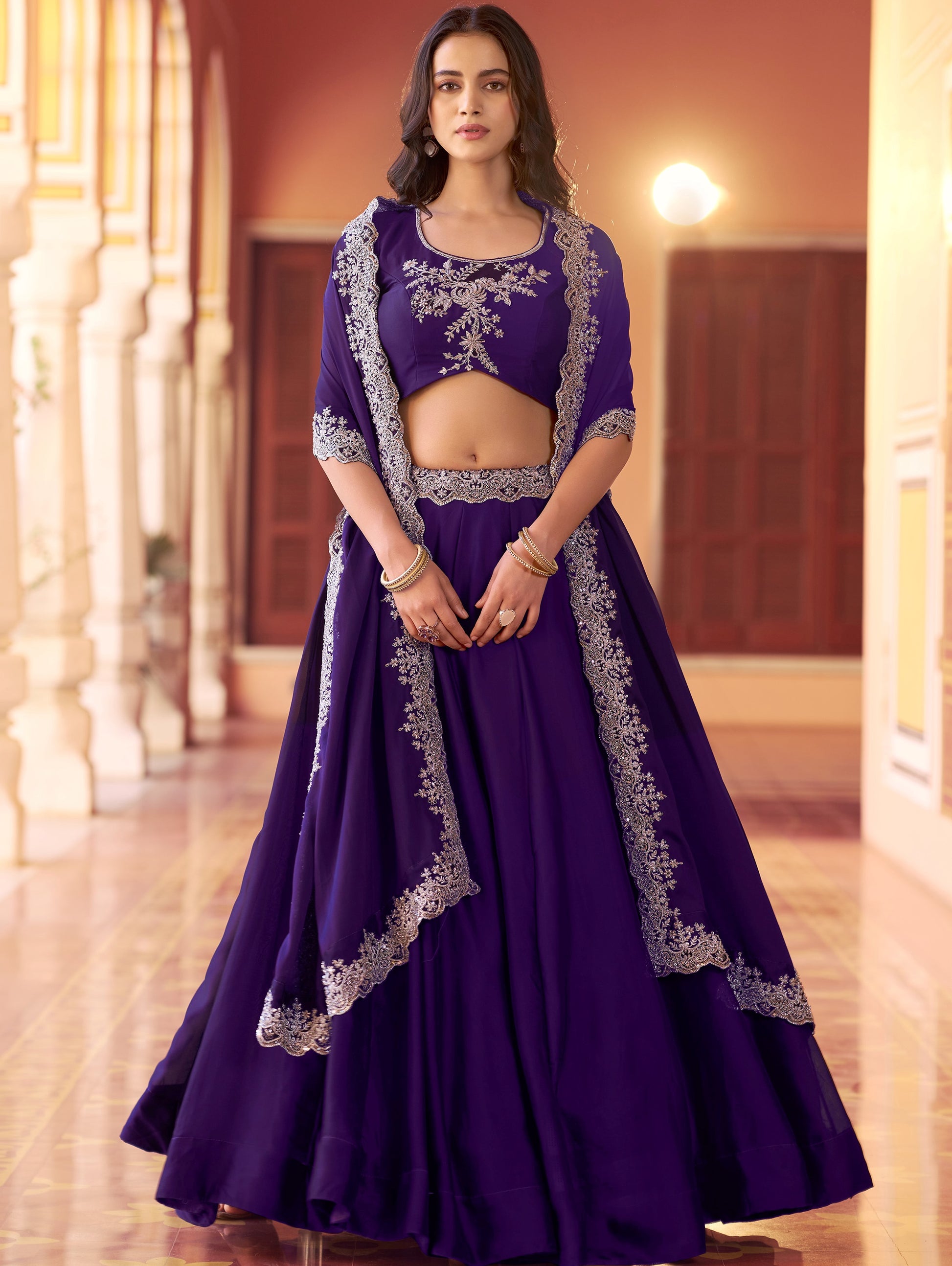 Incredible Purple Thread Embroidery Silk Festival Wear Lehenga Choli With Dupatta