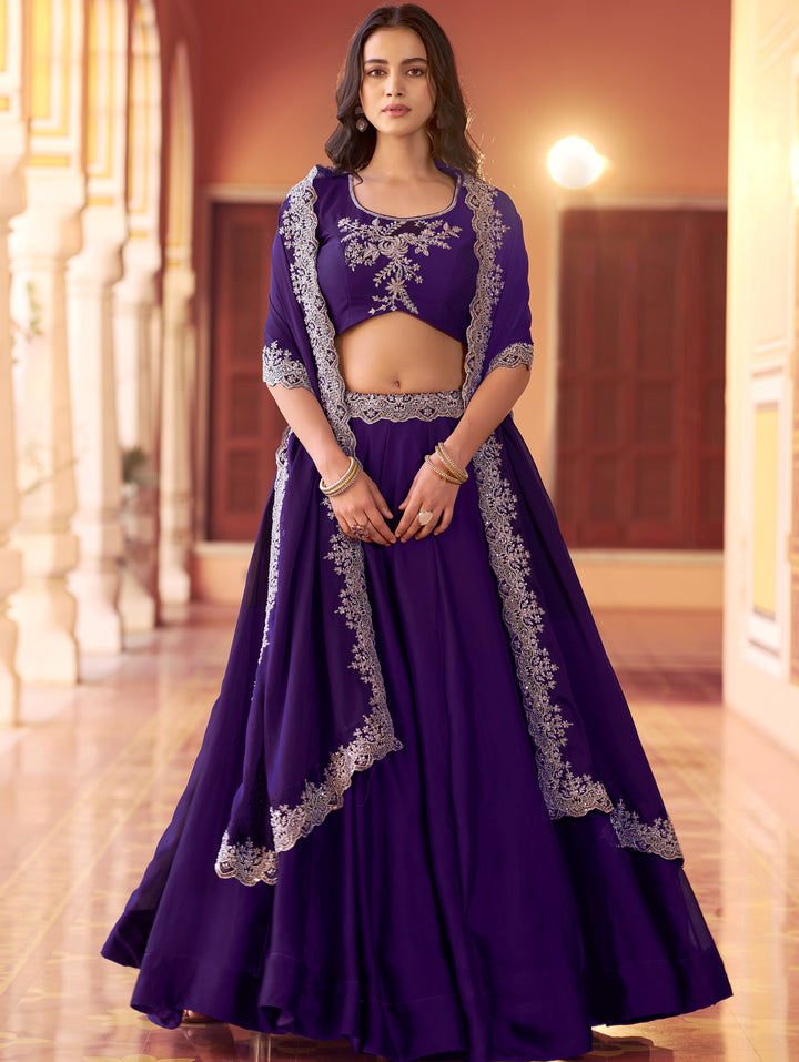Incredible Purple Thread Embroidery Silk Festival Wear Lehenga Choli With Dupatta